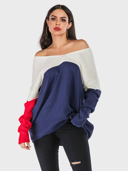 Perfee Contrast V - Neck Long Sleeve Knit Top