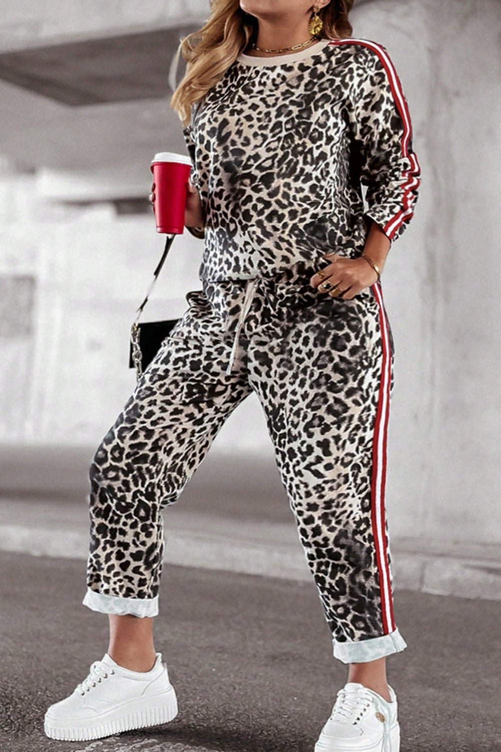 Plus Size Leopard Round Neck Top and Pants Set