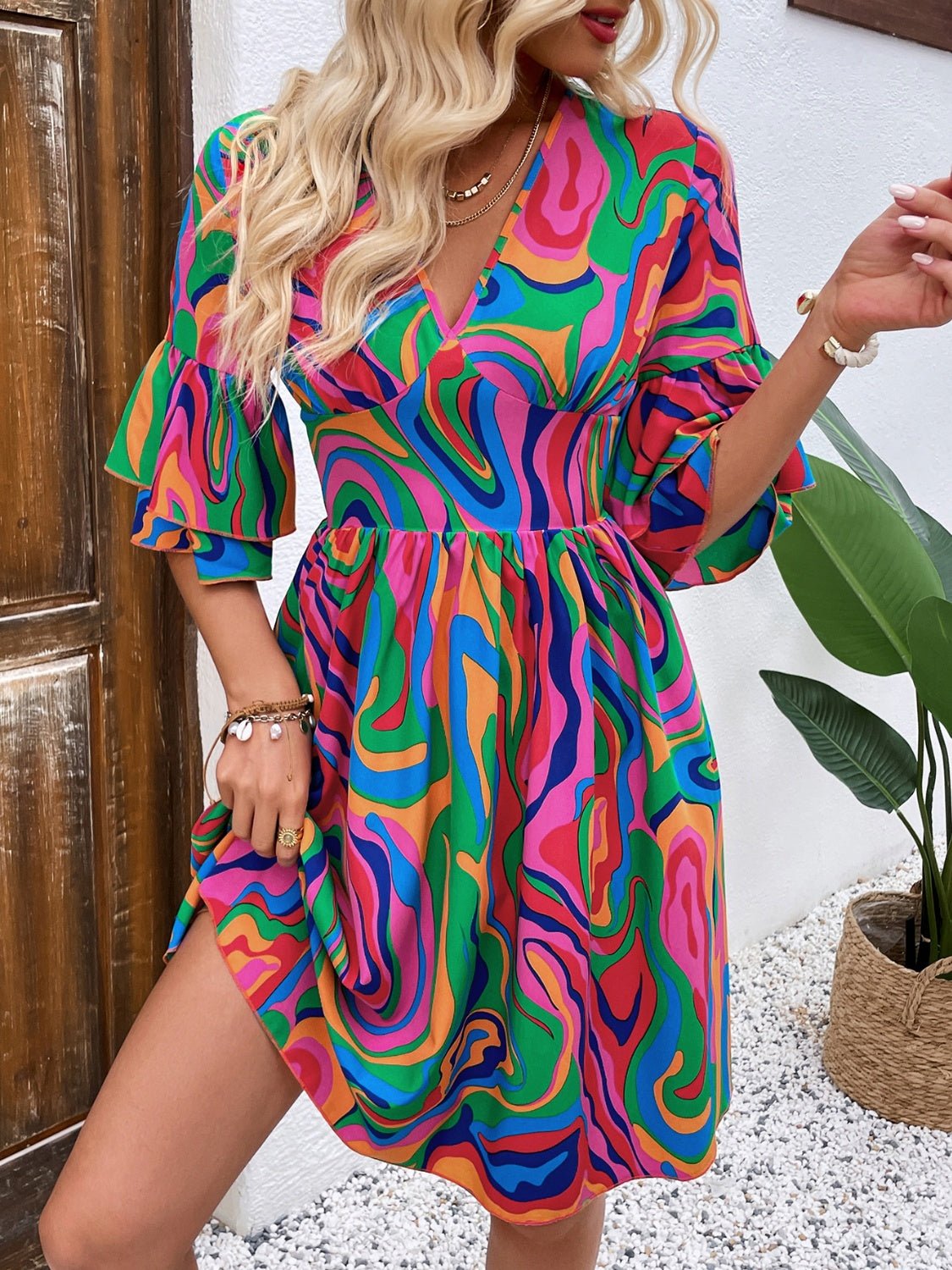 Ruffled Printed V - Neck Half Sleeve Mini Dress