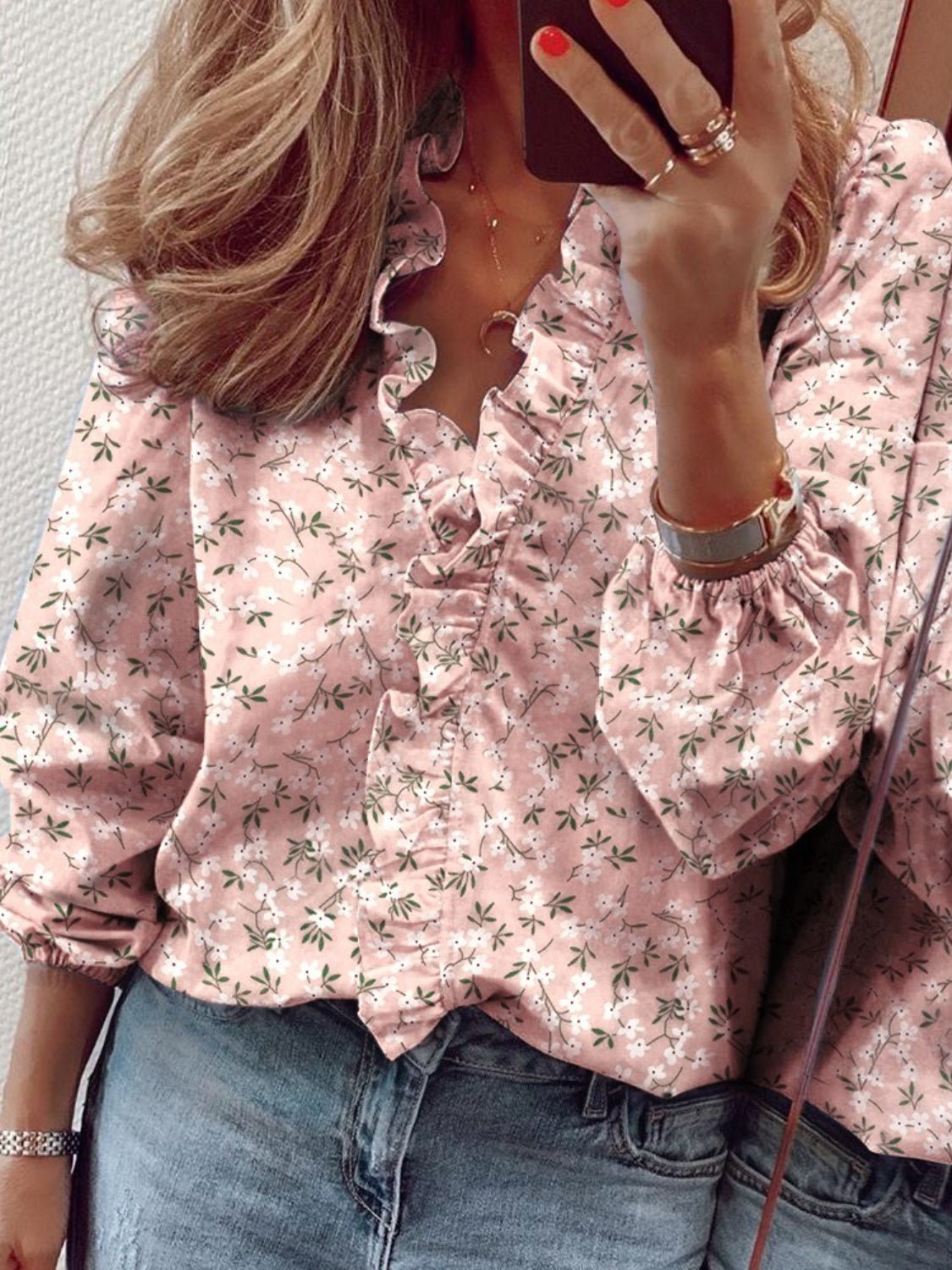 Ruffled Printed V - Neck Long Sleeve Blouse