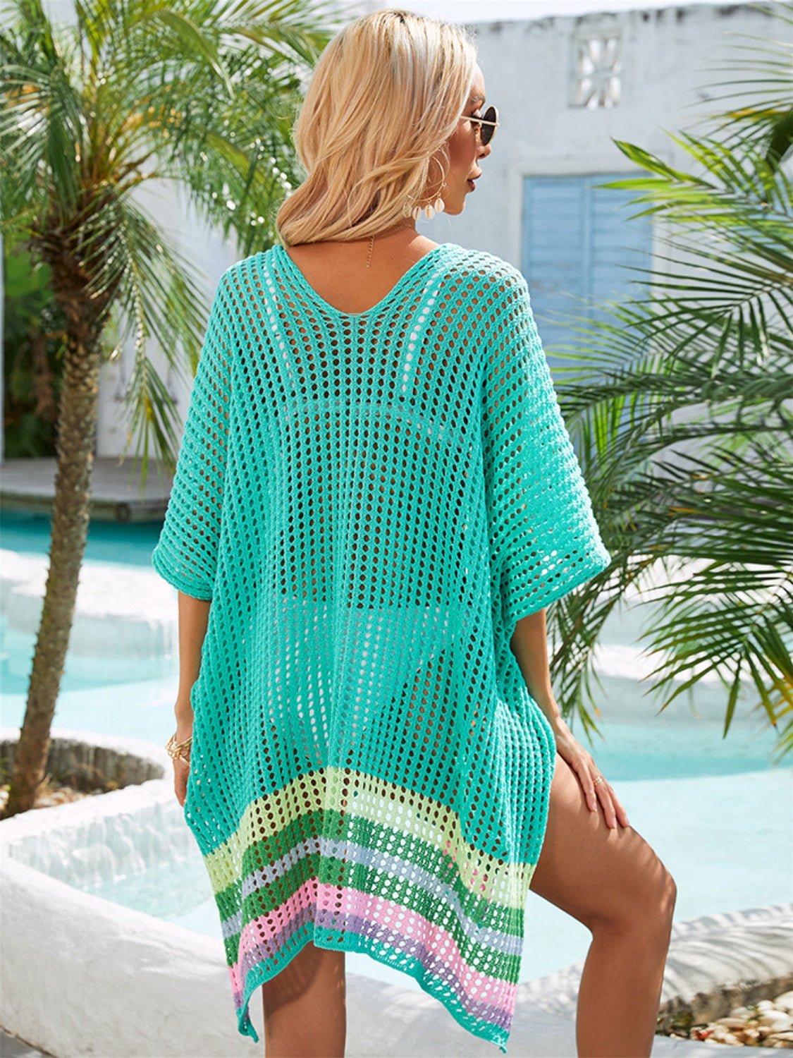 Slit Openwork V - Neck Half Sleeve Cover - Up