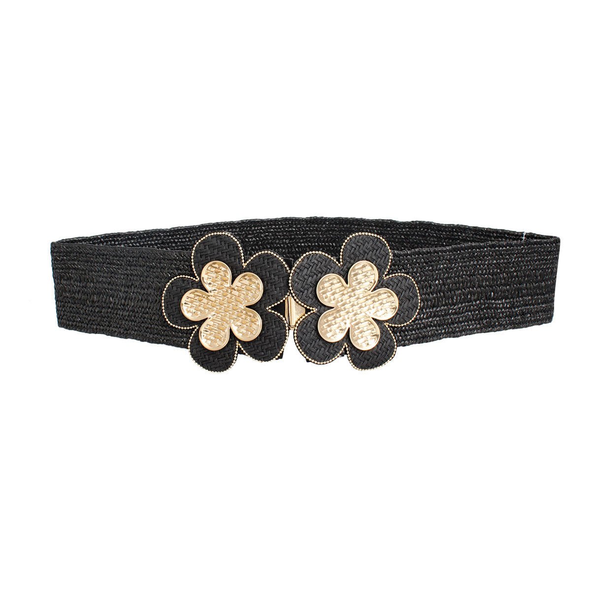 Stretch Belt Raffia Black Flower for Women
