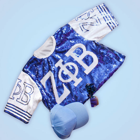 ZPB Sorority Blue and White Sequin Jersey Shirt