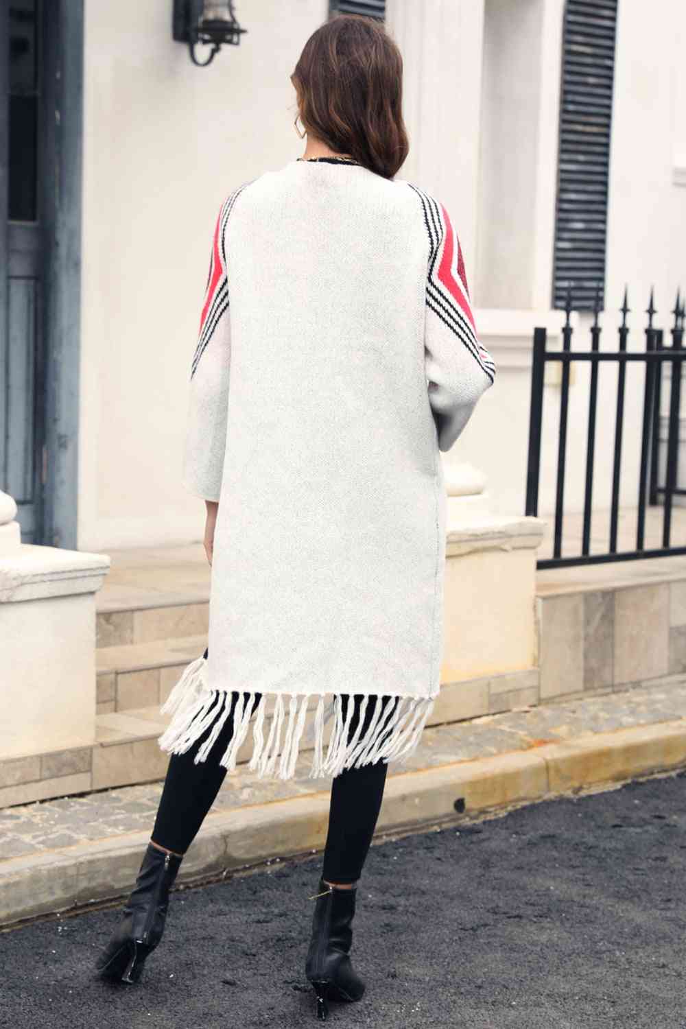 Double Take Geometric Fringe Hem Open Front Duster Cardigan