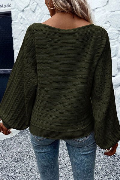 Openwork Boat Neck Lantern Sleeve Sweater